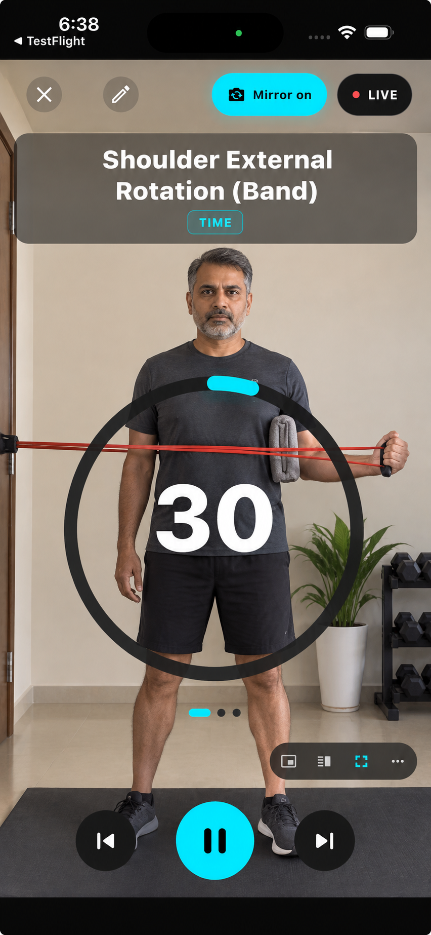 RepCoach Mirror Mode showing camera-guided rep timer during a shoulder external rotation band exercise
